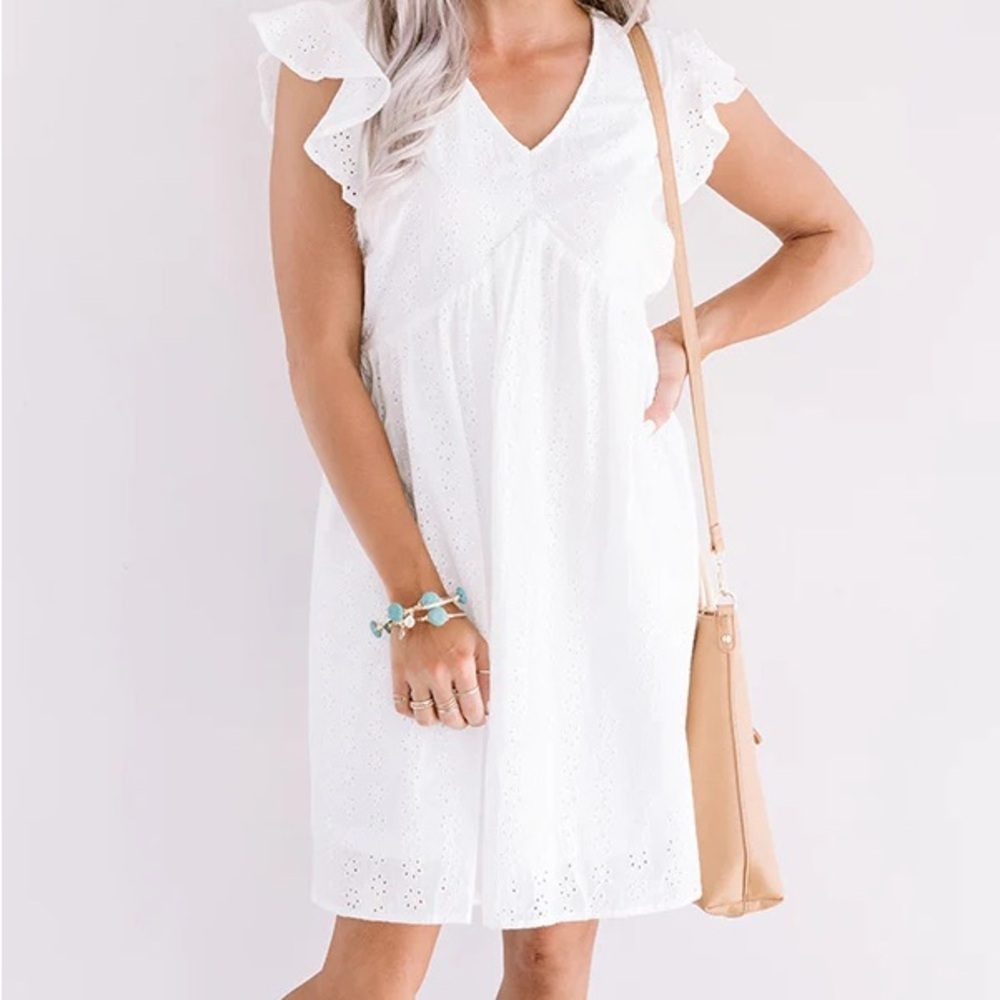 Impressions White Eyelet Lace Flutter Sleeve Mini Dress Cottagecore Medium‎ NWT